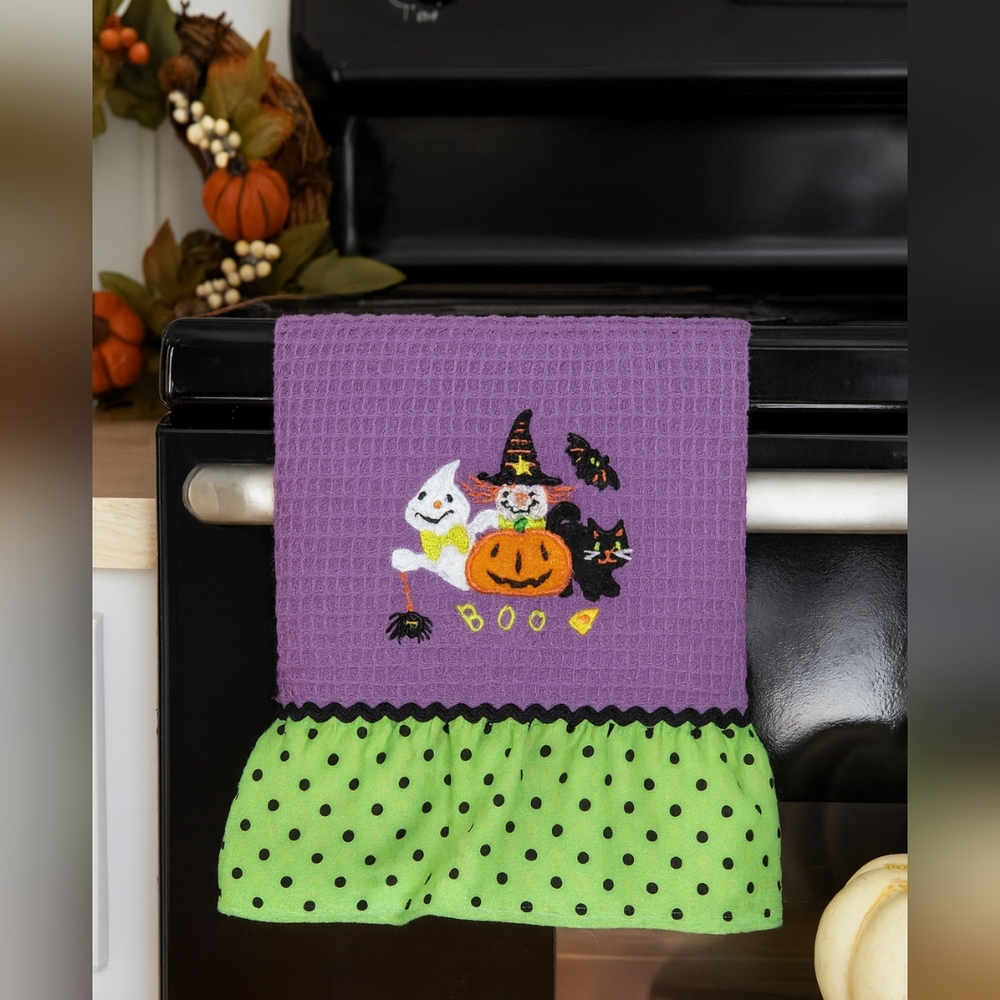 Vintage Pier 1 Imports Halloween Waffle Towel Ghost Pumpkin Cat Witch Hat BOO